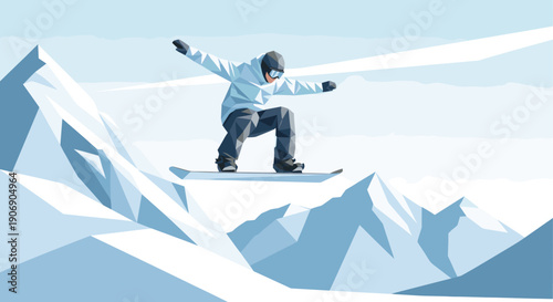 Stylized vector illustration of a snowboarder catching air above snowy mountain peaks. Perfect for winter sports, travel, and active lifestyle marketing.