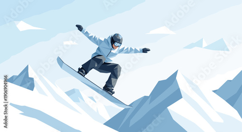 Geometric vector illustration of a snowboarder in action against a backdrop of snow-covered mountains. Great for posters, websites, and adventure sports promotions.