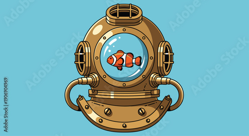 A detailed vintage bronze diving helmet with large brass bolts features a transparent circular window revealing a vibrant orange clownfish swimming inside against a light blue background.
