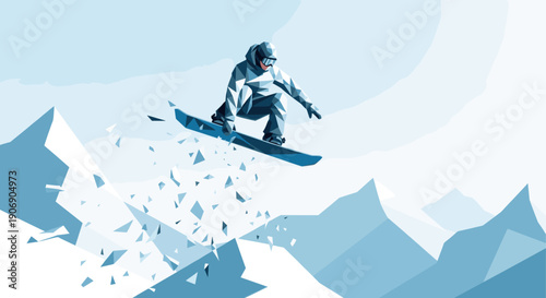 Low poly illustration of a snowboarder jumping with snowy mountains. Great for sports articles, winter promotions, or outdoor adventure campaigns.