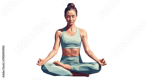 A stylized polygon illustration of a woman practicing yoga in lotus position. Perfect for projects needing a modern, abstract design representing wellness and mindfulness.