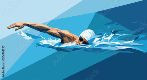 Stylish low-poly illustration of a swimmer in blue water. Modern graphic design for sports, fitness, or healthy lifestyle promotions, website headers, or print material.