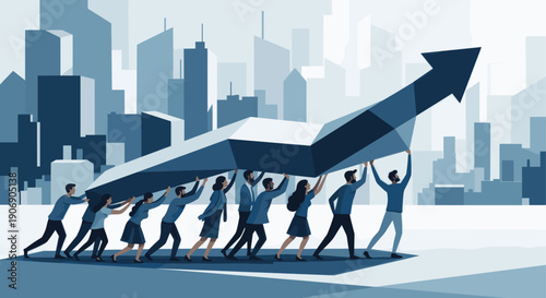 Illustration depicts a diverse team lifting a large arrow upwards against a city backdrop. Represents teamwork, growth, success, achieving goals, and corporate collaboration.
