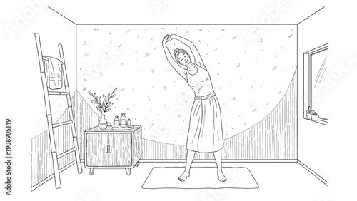 Morning yoga stretch in minimalist room with line art