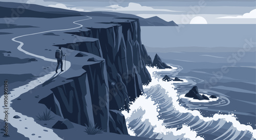 Vector illustration of a lone hiker with backpack walking on a cliffside trail overlooking the ocean. Calm, peaceful scene, ideal for travel or adventure-themed projects.