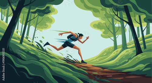 Stylized illustration of a woman trail running through a lush green forest. Perfect for health, fitness, and outdoor adventure-themed content.