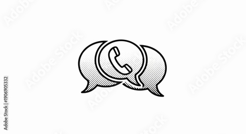 Icon of a phone handset inside a chat bubble and two overlapping speech bubbles