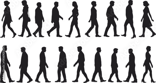 Silhouettes of men and women walking in profile on white background people