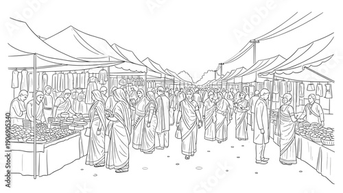 Bustling market scene with people in traditional attire in linear style