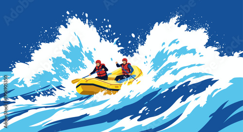 Vector illustration of two people white water rafting in a yellow raft. Depicts adventure, teamwork, and outdoor recreation. Suitable for travel, tourism, and sport related designs.