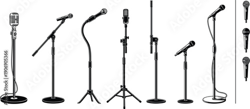 Professional Microphone Collection Vector Illustration, Vintage and Modern Mic Stands, Stage Equipment Icons for Music Studio, Podcast, and Live Performance Design, Isolated