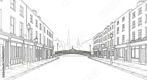 Line art sketch of a European street scene with shops and a bridge