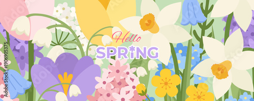 Spring  banner, greeting card, cover with tulip, daffodil, crocus, hyacinth, bluebell, lily of the valley, forget me not flowers. Floral art template for sale, Womens Day, Mothers Day, Easter