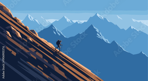 Graphic illustration of a hiker on a steep mountainside with snowcapped peaks in the background. For travel, adventure, and outdoor themed projects.