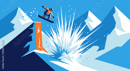 Vector illustration of a snowboarder jumping off a cliff, powder explosion, and mountain background.  Ideal for winter sports, action, extreme sports, and adventure marketing.