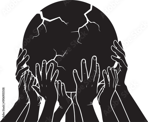 Multiple hands touching a cracked human head silhouette closely