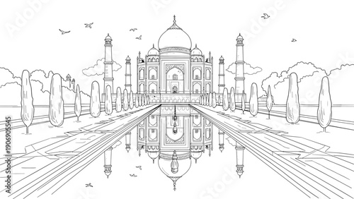 Detailed line drawing of taj mahal with reflective pool and gardens