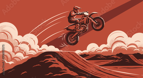Vector illustration of a motocross rider jumping over a hill. Red color scheme. For sports, action, recreation, and advertising material.