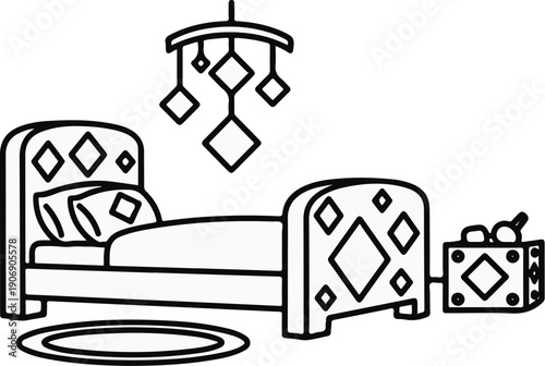 Line drawing of a bed, pillows, mobile, rug, and nightstand with items