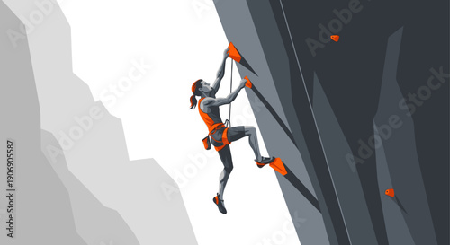 A vector illustration of a female rock climber on a climbing wall. Ideal for sport, fitness, adventure, and lifestyle-themed projects.
