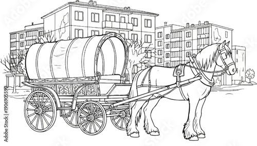 Horse-drawn wagon with covered top moves past urban buildings