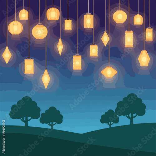 Glowing lanterns above silhouetted trees against a gradient sky