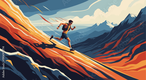Stylized illustration of a man running downhill in a mountainous landscape. Depicts fitness, outdoor activity, and healthy lifestyle. Great for use in sports, travel, or health campaigns.