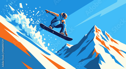 A vibrant vector illustration of a snowboarder catching air. Bright blue sky and mountains create a dynamic scene for winter sports advertising and related designs.