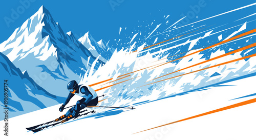 Dynamic digital illustration of a skier on a snowy mountain, with bold abstract snow and vector elements. Ideal for sports, travel or adventure themed designs.