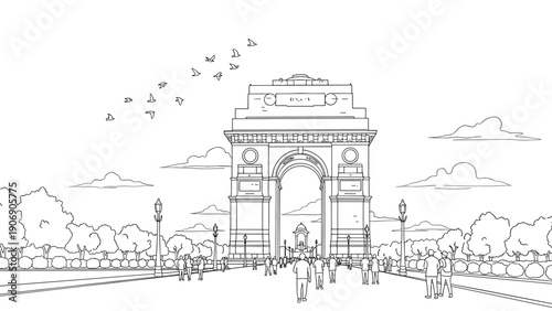 India gate monument with people and birds in a linear style urban scene