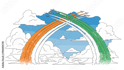 Airplanes creating colorful smoke trails in blue sky with clouds