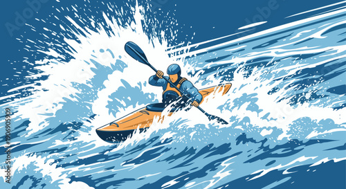 Dynamic vector illustration of a kayaker navigating whitewater rapids. Perfect for adventure, outdoor recreation, sports, or environmental themes.