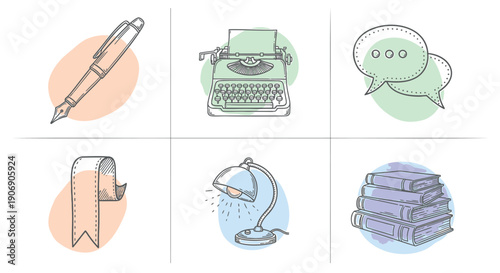 vector icons of pen, typewriter, chat bubble, bookmark, hair dryer, and stack of books for website or app UI, isolated on transparent background, png