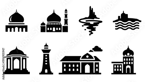 Silhouette icons of historic and modern architectural landmarks