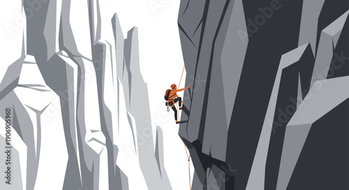 Vector illustration of a rock climber scaling a steep cliff face. Suitable for themes of adventure, overcoming challenges, and outdoor activities. Striking visual for websites and marketing materials.