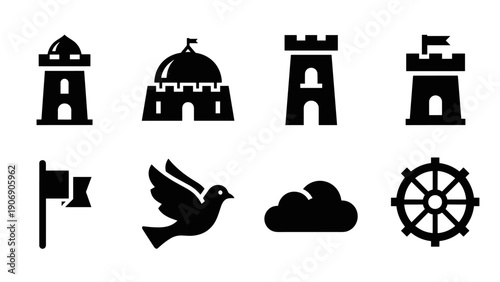 Bold silhouette icons of castles and nautical elements for design