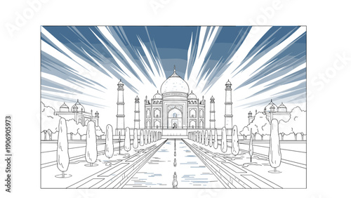 Majestic linear art of taj mahal with striking sky background