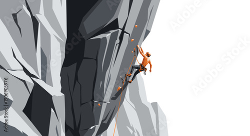 A stylized vector illustration of a rock climber scaling a steep cliff face. Perfect for illustrating adventure, challenge, overcoming obstacles, fitness or outdoor recreation.