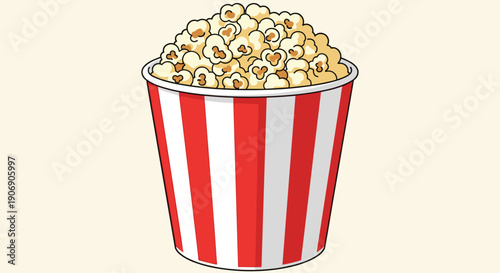 A classic cinema-style popcorn bucket featuring vertical red and white stripes is completely filled to the brim with fluffy, golden yellow popcorn kernels against a plain light beige background.