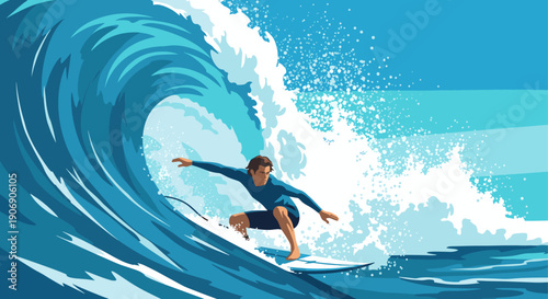 Colorful vector illustration of a surfer riding a large wave. Use for travel, summer, adventure, sports, recreation, ocean, beach, and nature concepts.