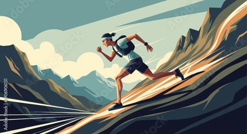 Illustrated image of a determined runner in athletic gear speeding down a mountain trail. Great for sports, health, and fitness campaigns. Vector art style.