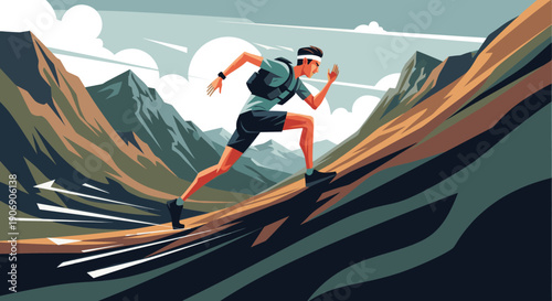 Stylized vector illustration of a trail runner in action against a mountain landscape. Ideal for fitness, outdoor recreation, and healthy lifestyle campaigns.