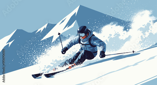 Illustration of a skier in action, carving through powder on a snow-covered mountain, evoking winter sports and adventure. Use for promotional material.