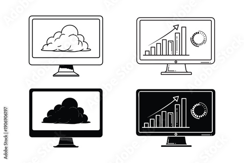 Four computer monitors showing cloud and business graph icons on white background