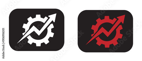 Gear icons with arrow and chart on black squares