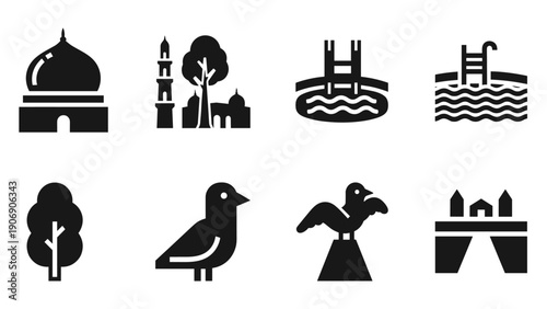 Minimalist landmark and nature icons in silhouette style