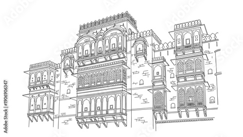 Intricate line drawing of traditional indian palace architecture