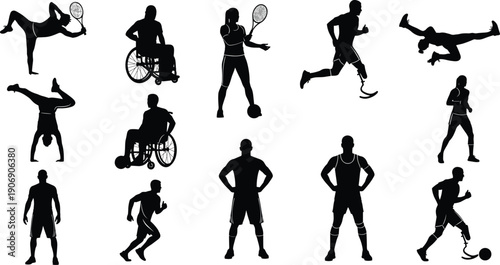 Black silhouette illustrations of diverse athletes including inclusive sports with wheelchairs and prosthetics, perfect for fitness design, diversity in athletics, and vector artwork projects.
