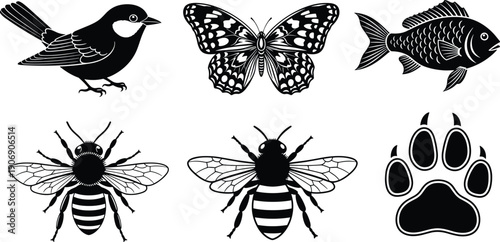 Black-and-white vector silhouettes of bird, butterfly, fish, bees, and paw print, perfect for educational design, animal identification, themed graphics, and creative artwork.