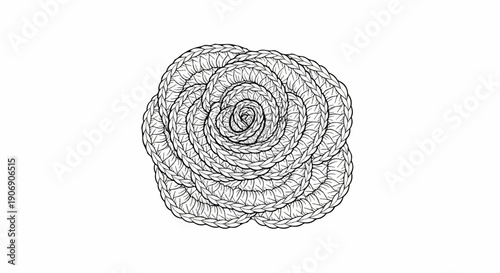 Intricate black and white sketch of a woven rose, detailed textile pattern